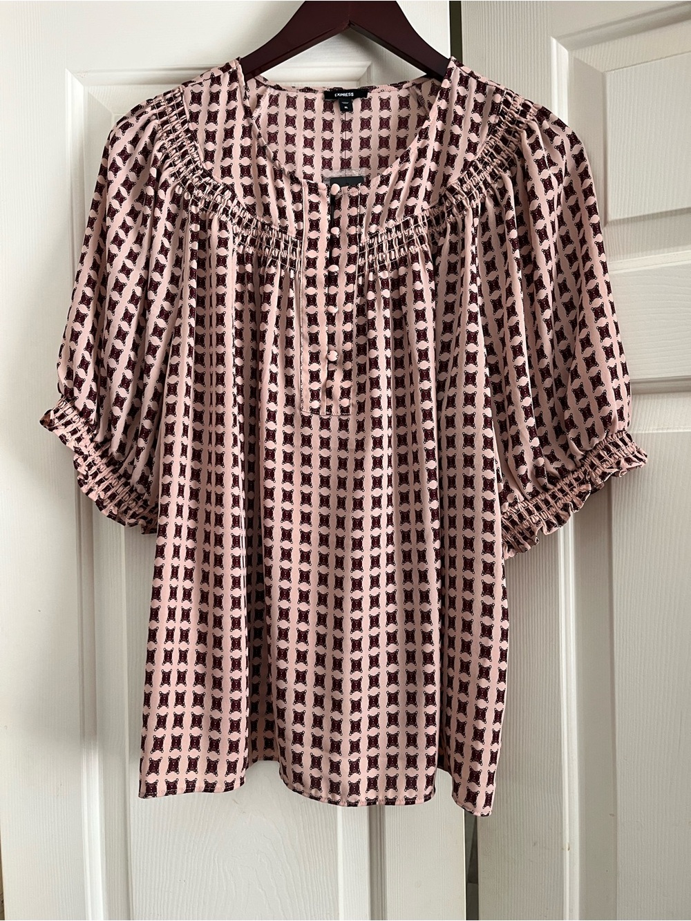 Express Printed Smocked Short Puff Sleeve Half Button Up Top Size XL